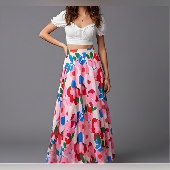 Dresses & Skirts - Boho A-Line Floral Maxi Skirt Pink